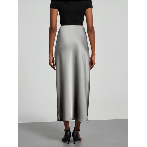 Grey Satin A-Line Skirt High Waisted Long - Picture 7 of 9